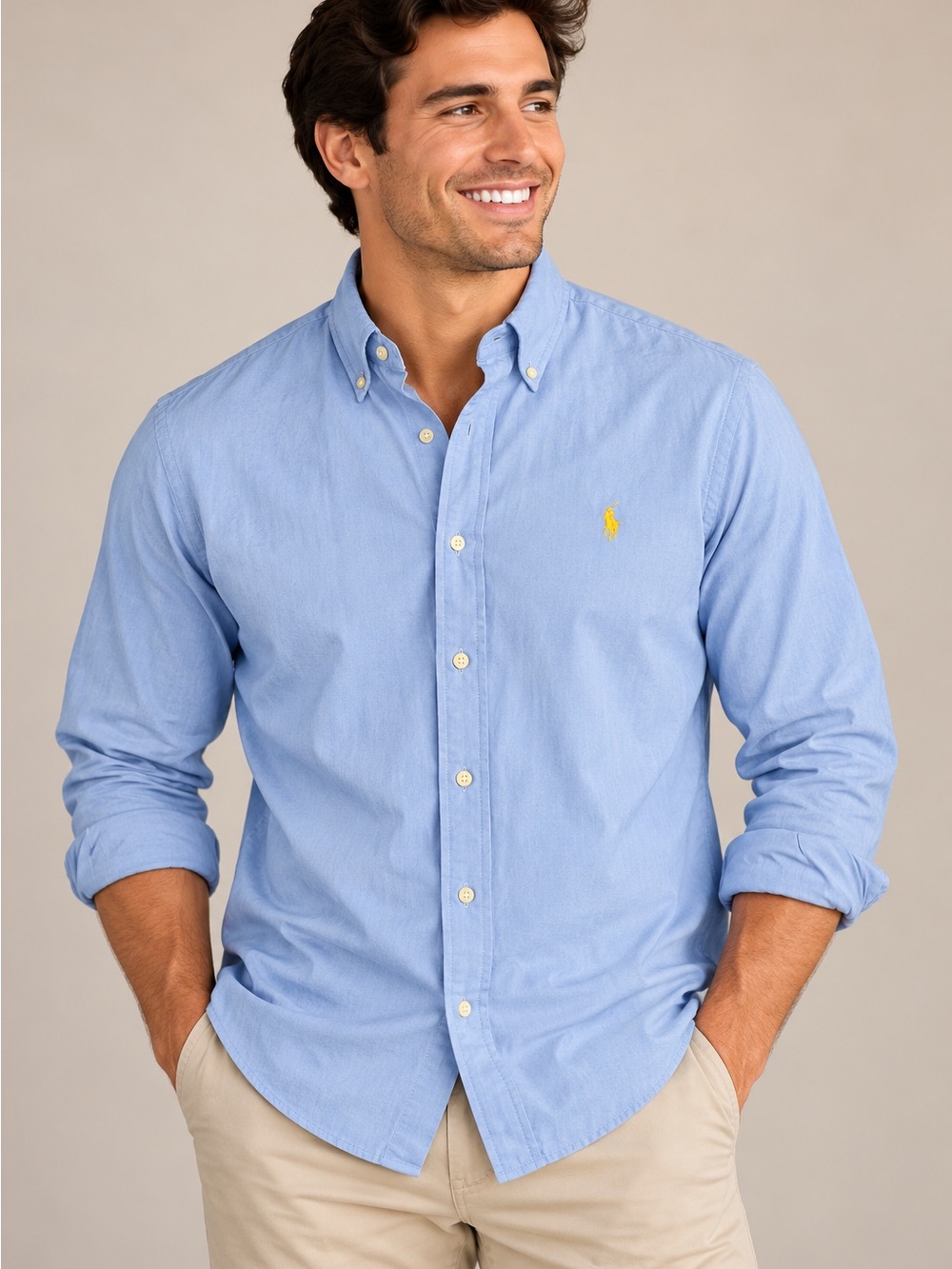 Polo Ralph Lauren Men’s Classic Fit Button Down Shirt Large Blue Yellow Pony